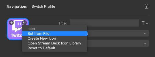 Screenshot showing the process of adding a custom icon to a Stream Deck